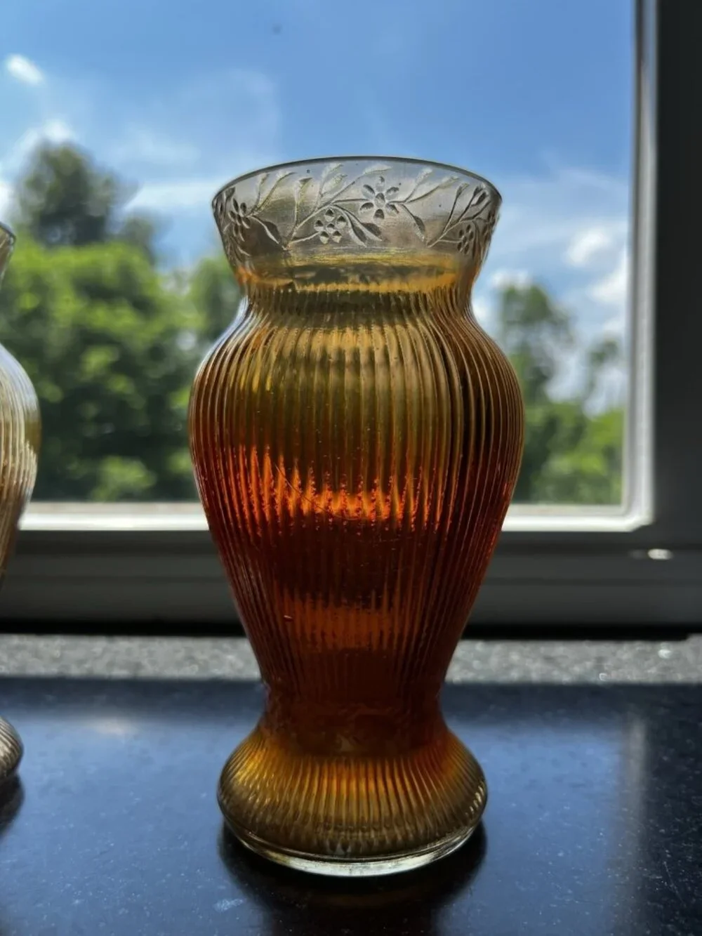 c1928 Pair/2 Jeanette Prism & Daisy Band Floral Ribbed Iridescent Glass 6
